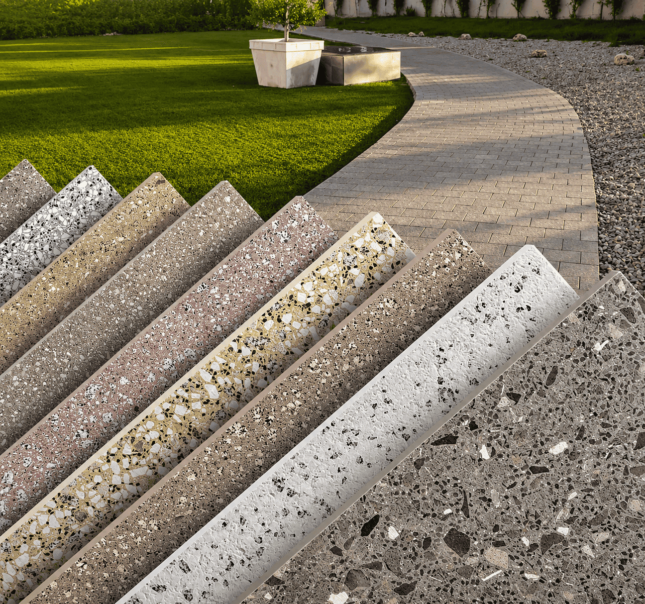 Exterior marble and granite aggregate terrazzo tiles outdoor pathway